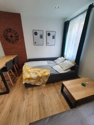 a small room with a bed and a table at Mirror Apartments in Oświęcim