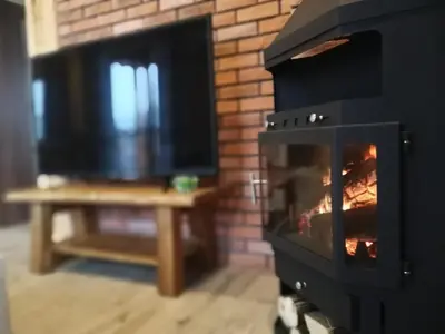 a living room with a fireplace and a tv at Słoneczne Chaty Kasina Wielka in Kasina Wielka