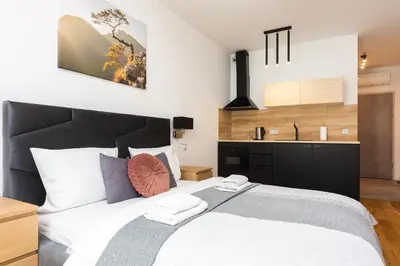 a bedroom with a large bed and a kitchen at Old Town Rajska street in Kraków