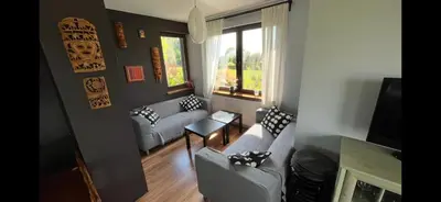 a living room with two couches and a tv at Chata na Łąkach in Jerzmanowice