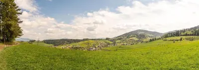a green field with a blue sky and clouds at Willa Dalia in Rabka