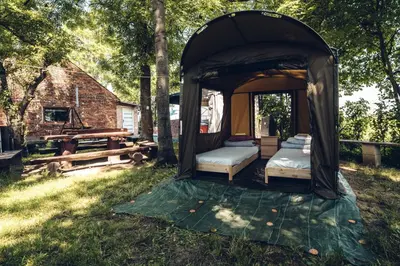 a tent in the grass with two beds in it at Pole Namiotowe Kogutowo in Wietrzychowice
