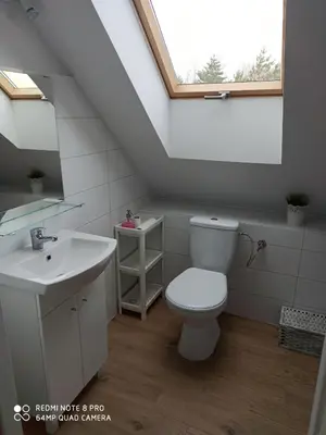 a bathroom with a toilet and a sink and a window at Domek Całoroczny Pod Dworem in Wola Kalinowska