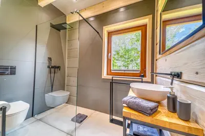 a bathroom with a sink and a shower and a toilet at Pine Tree Chalet in Zawoja