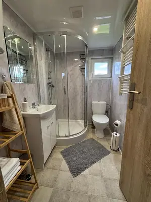 a bathroom with a shower and a toilet and a sink at Azalia Zator in Zator
