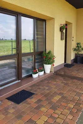 a building with three potted plants on a patio at Azalia Zator in Zator