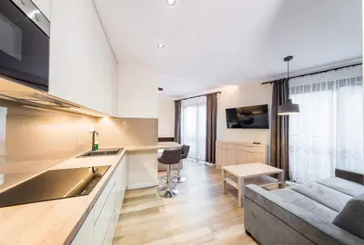a kitchen and living room with a couch and a table at Deluxe Apartment Rakowicka 15 WAWELOFTS in Kraków