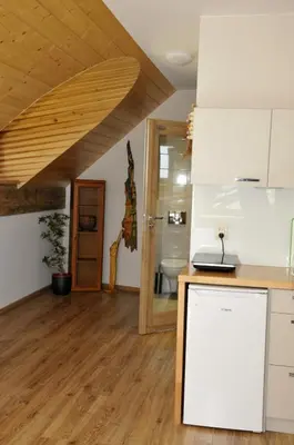 a kitchen with wooden floors and a wooden ceiling at Lipowe Wzgórze Limanowa in Limanowa