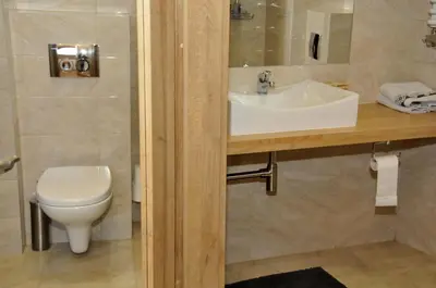 a bathroom with a sink and a toilet at Lipowe Wzgórze Limanowa in Limanowa