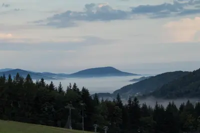 a view of a foggy valley with trees and mountains at Lipowe Wzgórze Limanowa in Limanowa