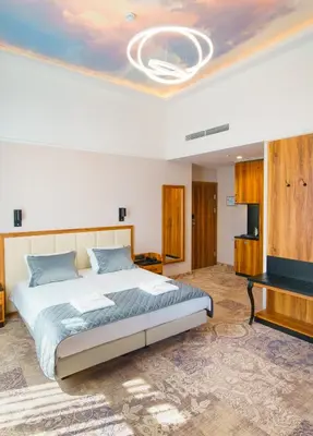 a bedroom with a large bed and a television at Sky Hotel Kraków in Kraków