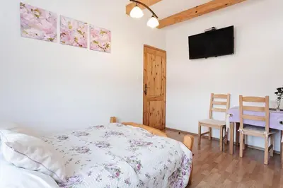 a bedroom with a bed and a table and a television at Karczma Maciejówka in Czajowice