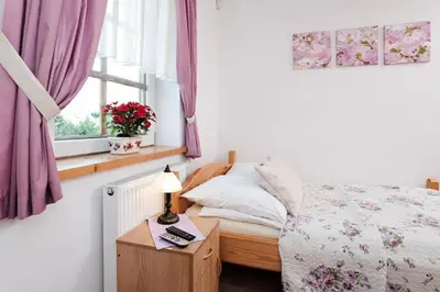a bedroom with a bed and a window at Karczma Maciejówka in Czajowice
