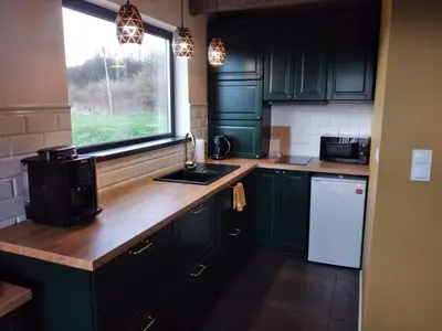 a kitchen with green cabinets and a sink and a window at Siedlisko Święty Spokój in Krzeszowice