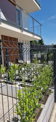 a fence in front of a building with plants at Apartamenty Parkowe B5 in Oświęcim