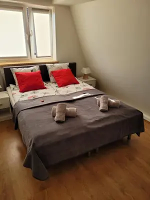 a large bed with two red pillows on it at Willa Wiesia Rabka Zdrój in Rabka