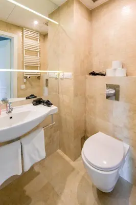 a bathroom with a toilet and a sink and a shower at Przy Wawelu z Garażem w cenie in Kraków