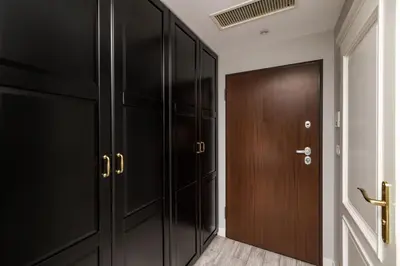 a hallway with black cabinets and a brown door at Native Apartments Sukiennicza 8 in Kraków