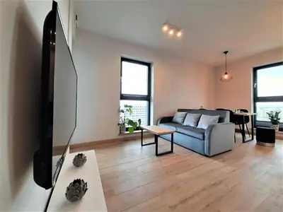 a living room with a couch and a tv at MOGILSKA Apartments near Tauron Arena Krakow in Kraków