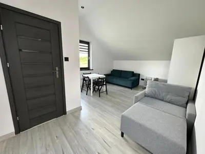a living room with a couch and a table at Domek Delux -komfortowe apartamenty, domki w Ojcowskim Parku Narodowym Z Jaccuzi in Wola Kalinowska