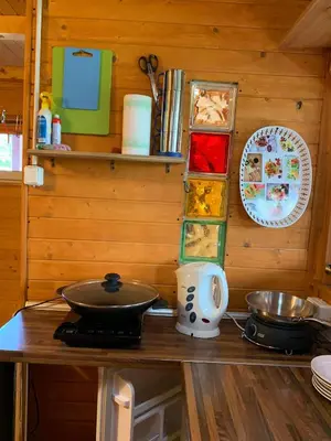 a kitchen with a counter with a stove and plates at Ranczo Wilka z kominkiem in Chrzanów