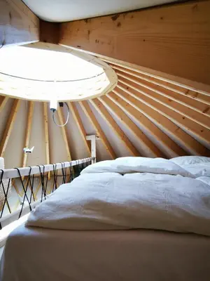 a bed in a room with a wooden wall at LushHills - Stylowa i Naturalna Jurta in Regulice