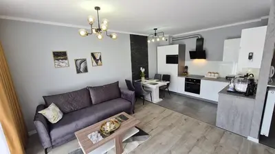 a living room with a couch and a kitchen at Apartament DeLuxe 3 in Oświęcim