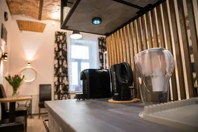 a counter top with a blender on top of it at Rose - Apartamenty Kleparskie in Kraków