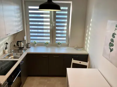 a small kitchen with a sink and a window at Apartament Łagiewniki in Kraków