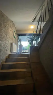 a staircase with a potted plant and a window at Aparthotel WADOWICE & Hostel GENERY in Wadowice