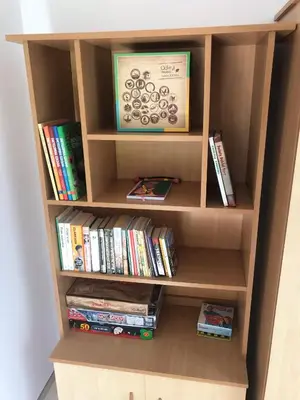 a book shelf filled with books and dvds at Domek Damianki - cały dom in Zawoja