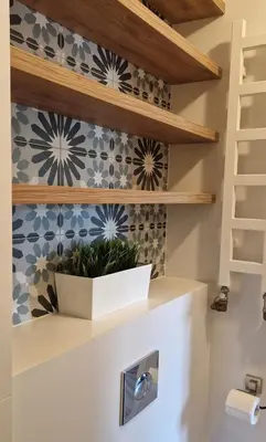 a bathroom with a plant on a shelf at Apartamenty Parkowe D9 z garażem in Oświęcim
