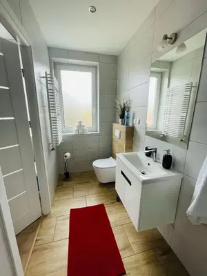 a bathroom with a white toilet and a red rug at Gladiator Noclegi Zator lll in Zator