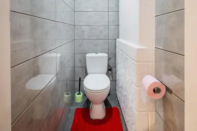 a bathroom with a toilet and a red rug at Apart 3b in Kraków