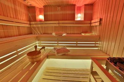 a sauna with a pot and a bucket in it at Parkowy Dworek in Rabka