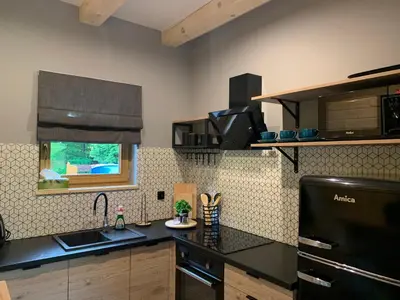 a kitchen with a black refrigerator and a sink at Dom na Leśnej in Po”łwieś