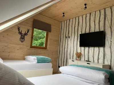 a room with two beds and a flat screen tv at Dom na Leśnej in Po”łwieś