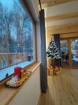 a christmas tree in a room with a window at Dom na Leśnej in Po”łwieś