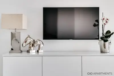 a shelf with a tv and a horse statue on it at Old Town - Rajska Signature Suites by Gio Loft in Kraków