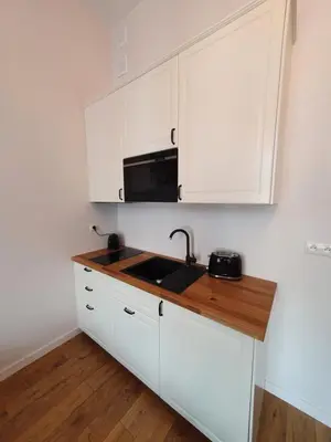 a white kitchen with a sink and a microwave at Historic Old Town Kazimierz in Kraków