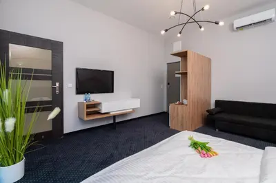a room with a bed and a tv and a couch at Aquila Hotel in Zator