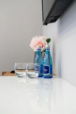 two bottles and two glasses on a table with a flower at Aquila Hotel in Zator