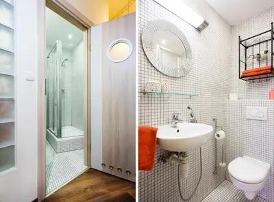 two pictures of a bathroom with a sink and a toilet at Mikolajska Residence in Kraków