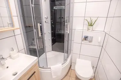 a bathroom with a shower and a toilet and a sink at Miodowa Zagroda - nocleg Zator Energylandia in Miejsce