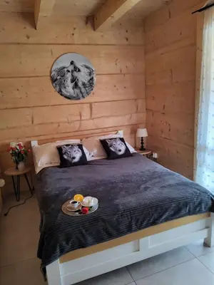 a bedroom with a bed with a red blanket at Willa Białego Wilka w Zawoi in Zawoja