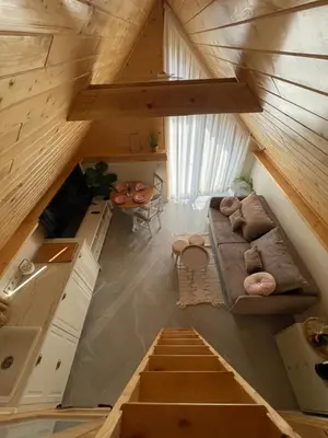 an overhead view of a living room in a attic at The View House Rabka-Zdrój WELLNESS & SPA in Rabka
