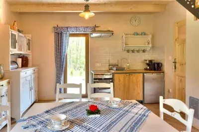 a kitchen with a table with a red rose on it at U Krysi in Kojszówka
