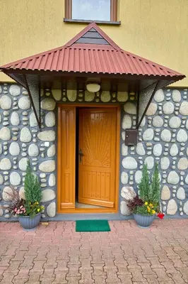 a front door of a home with two plants at Noclegi Obidowa-Pod Grapą in Obidowa