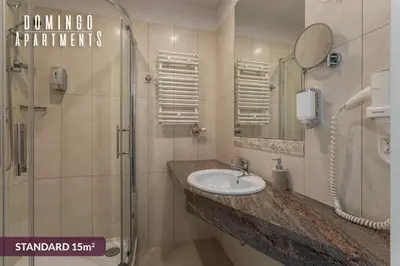 a bathroom with a sink and a shower at DOMINGO Elegant Rooms KRAKÓW Old Town in Kraków