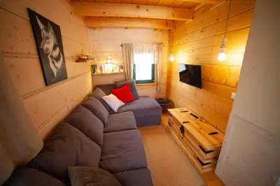 a living room with a large couch in a cabin at Bystry domek w Beskidach przy szlaku na Babią Górę in Bystra
